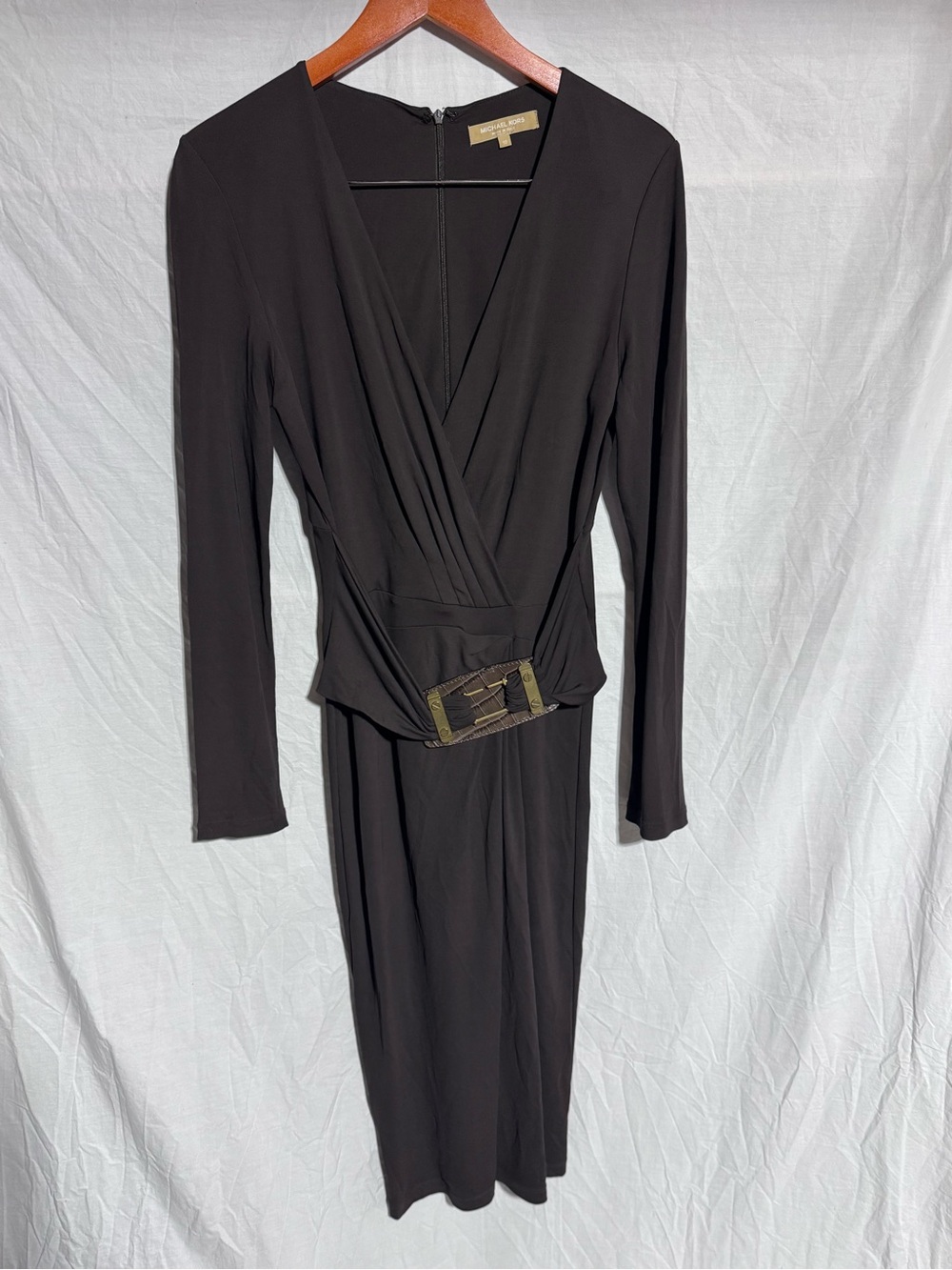 Michael Kors Brown Long-Sleeve faux Wrap Dress with Leather Buckle Detail